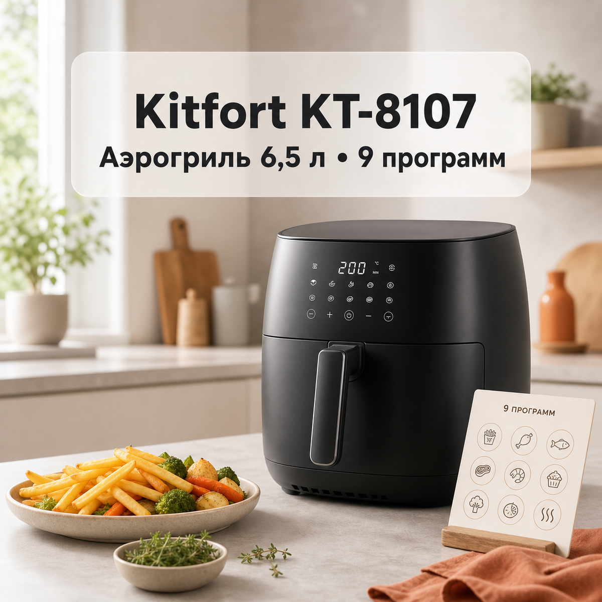 Аэрогриль Kitfort KT-8107, чаша 6.5 л, 1350 Вт, 9 автоматических программ