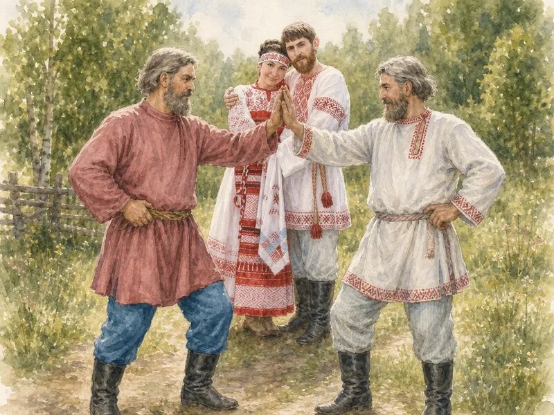 Не принимайте всерьез, это скорее шарж, настоящее рукобитье проходило в других обстоятельствах и с другими атрибутами