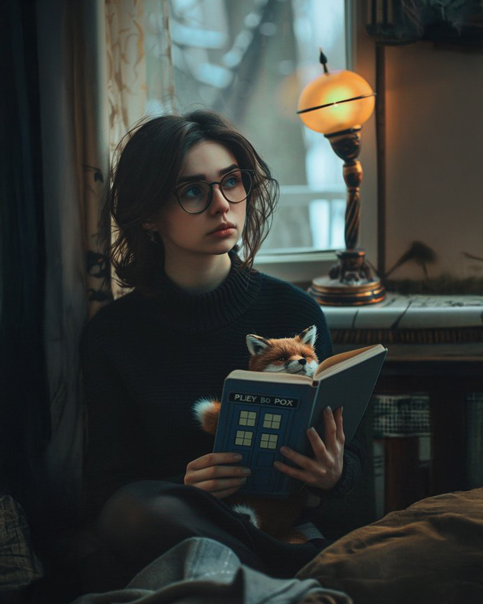 Это главная героиня книги - Маха. Она неразлучна со своим плюшевым лисенком и блокнотом в виде синей будки.