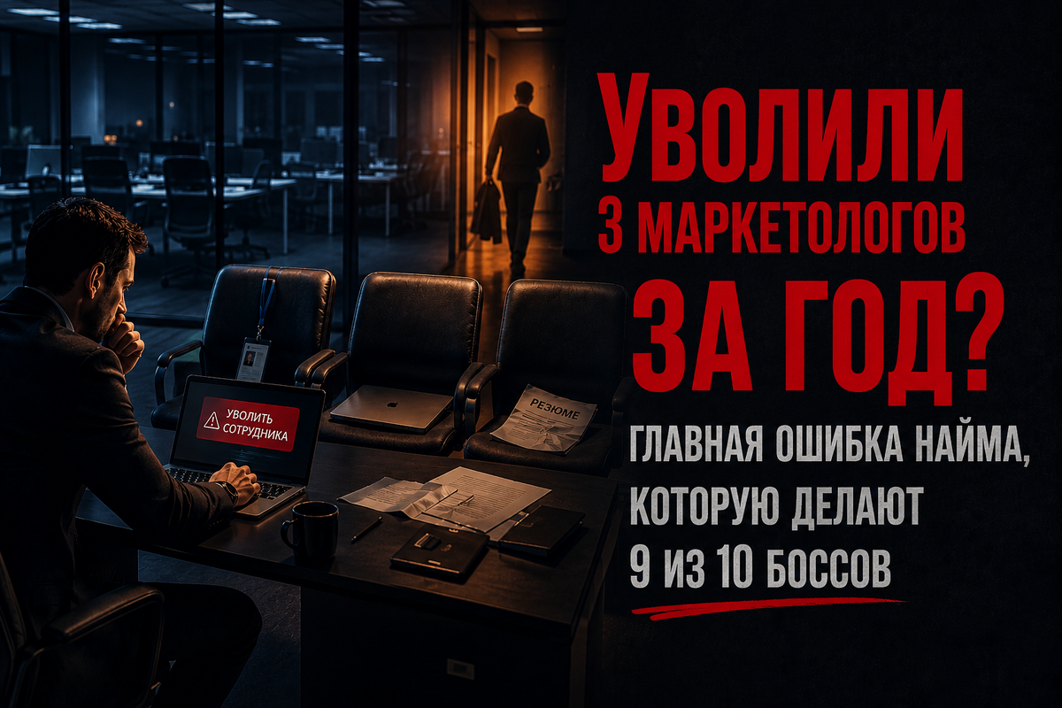 Руководитель после третьего увольнения маркетолога в компании. Иллюстрация к статье про ошибки найма маркетолога и провал онбординга.