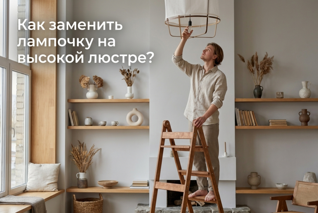    Инструкция по безопасной замене лампочки в высокой люстре. ecomebel