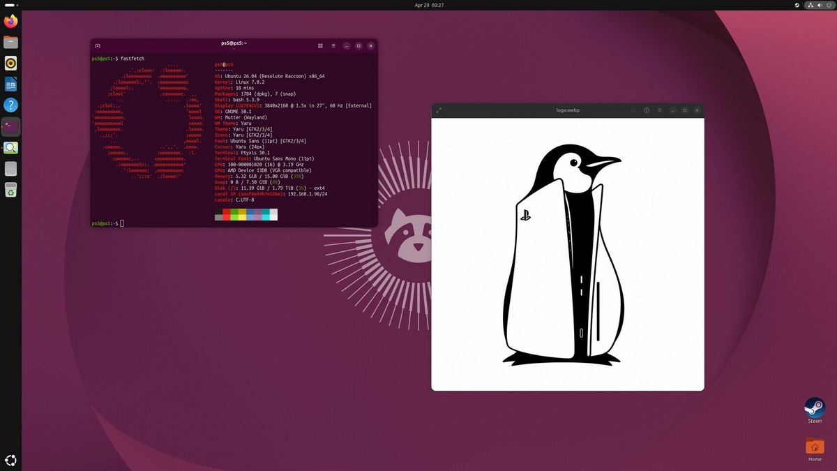    Ubuntu GNOME desktop with a purple wallpaper, a terminal window showing system info, and a separate image window displaying a large black‑and‑white penguin on a white background.