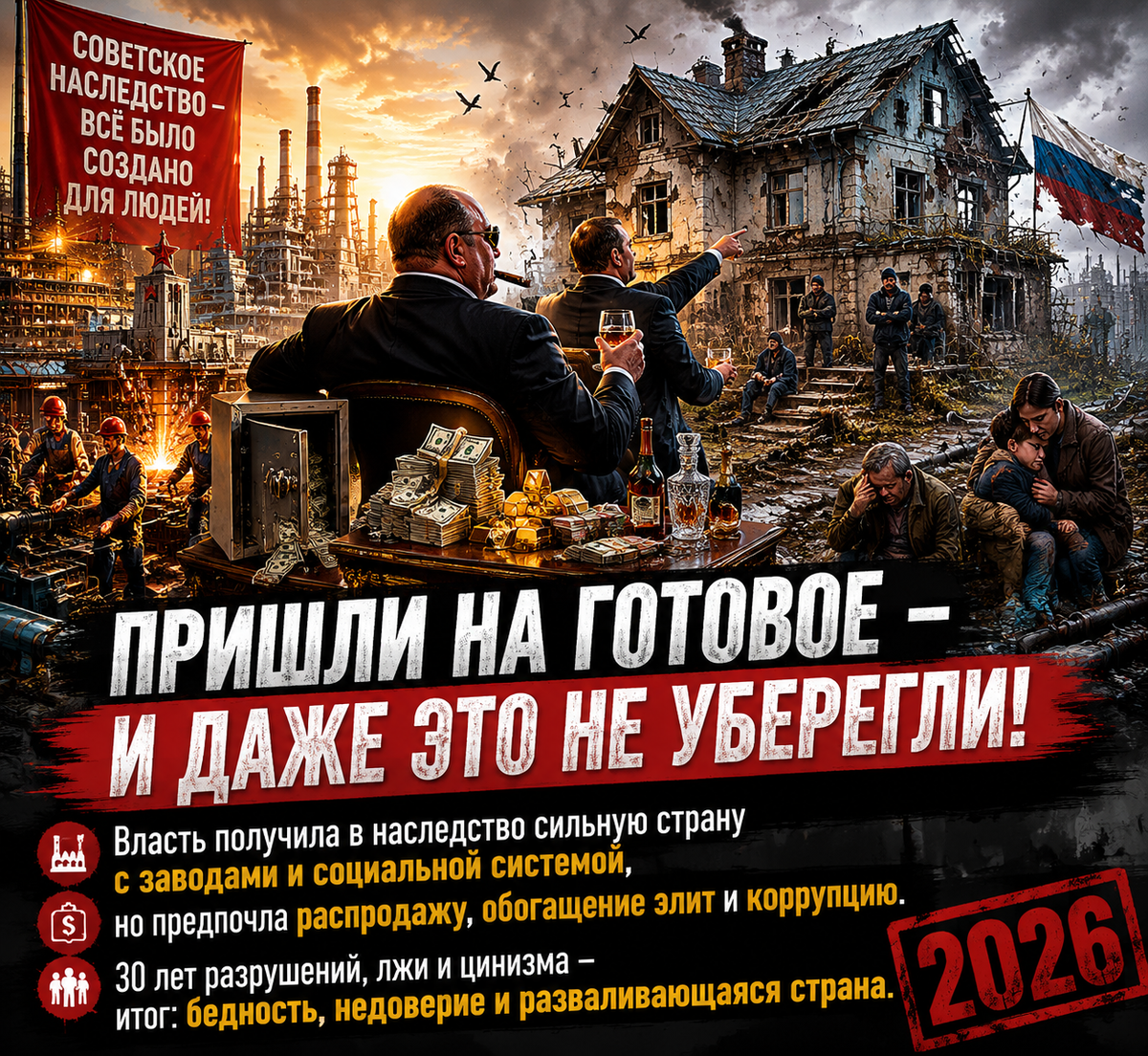 Власть получила в наследство сильную страну с заводами и социальной системой, но предпочла распродажу, обогащение элит и коррупцию