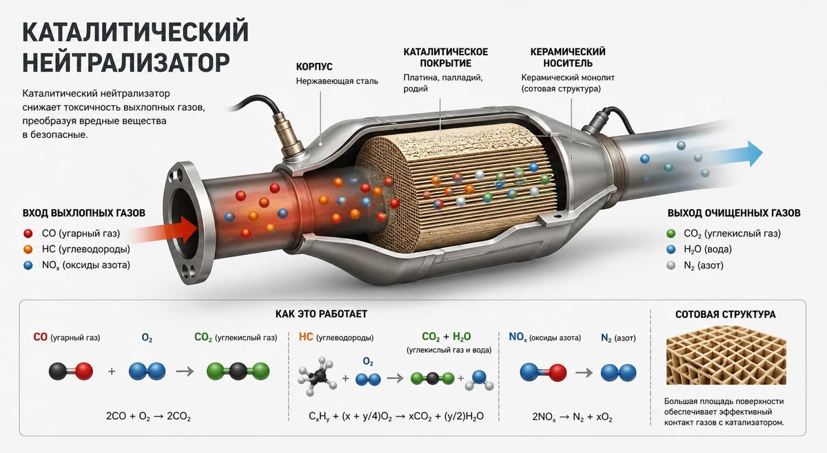 Схема работы каталитического нейтрализатора: как выхлопные газы проходят через соты с напылением из драгоценных металлов и превращаются в менее вредные соединения.