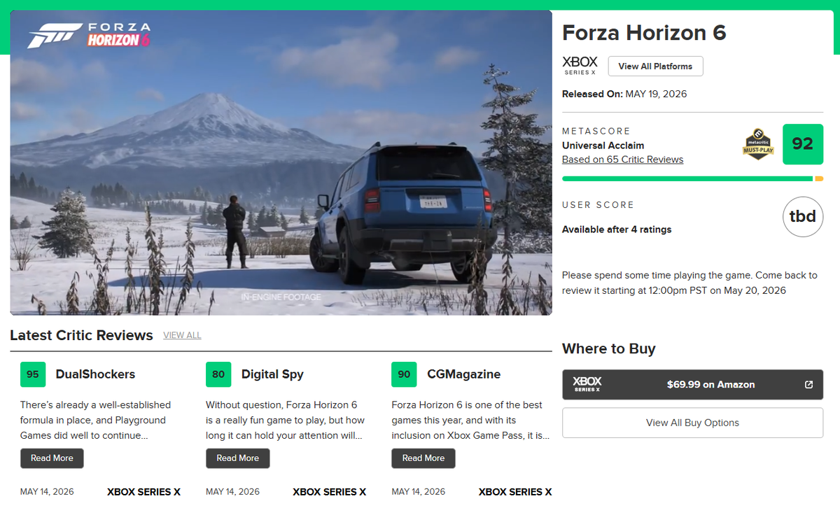     На момент публикации материала балл Forza Horizon 6 на Metacritic составляет 92 из 100 на Xbox Series X/S и 89 из 100 на ПК