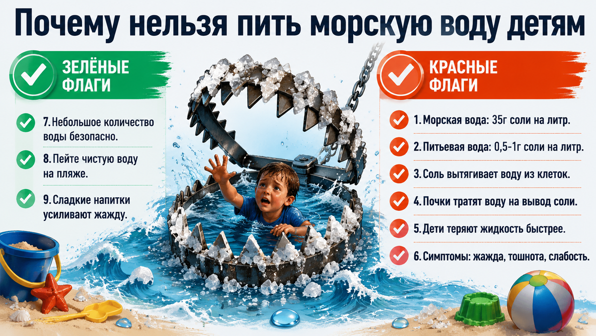 Почему нельзя пить морскую воду детям  📷
