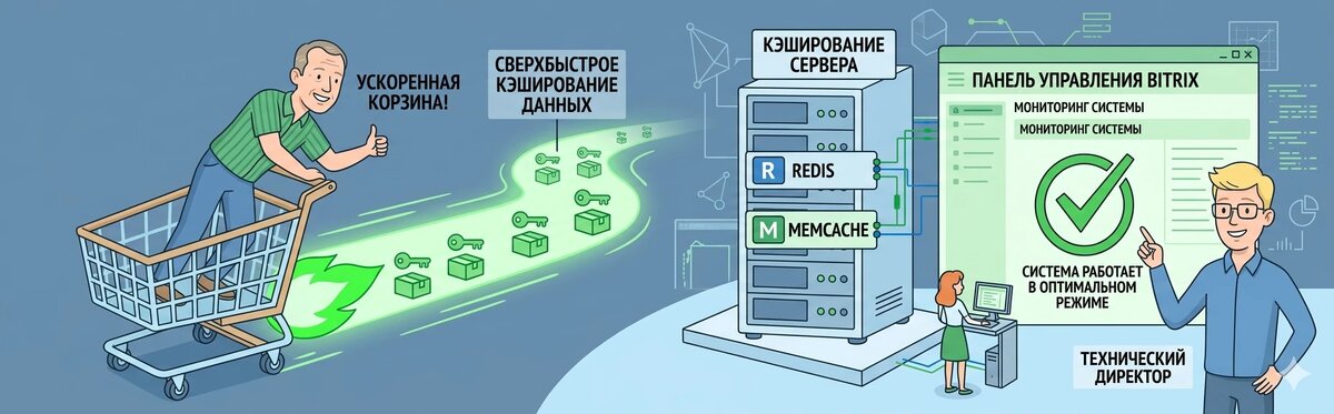 
Интернет-магазин на Битрикс ускоряется после включения кэширования Redis и Memcache