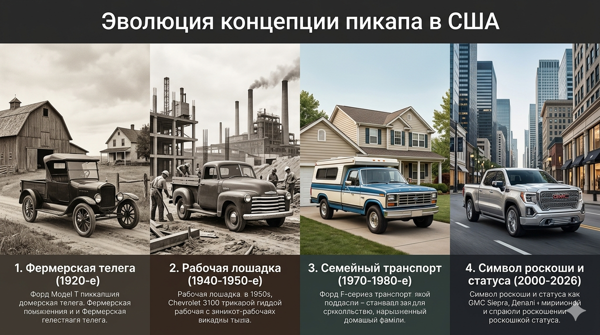 Фермерская телега (1920-е) ➔ Рабочая лошадка (1940-1950-е) ➔ Семейный транспорт (1970-1980-е) ➔ Символ роскоши и статуса (2000-2026)