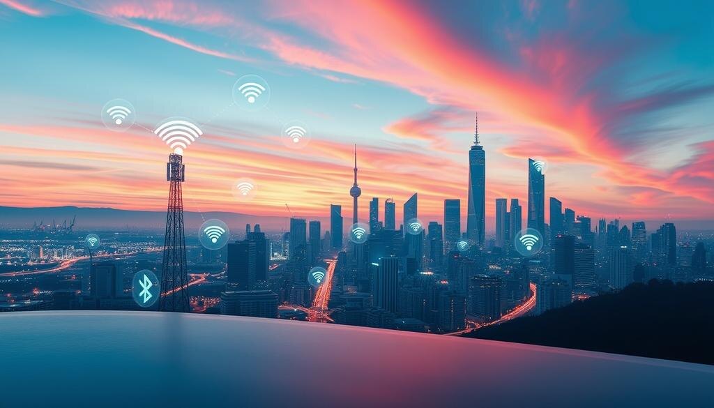    Футуристический городской пейзаж 2026 года с Wi-Fi и сотовыми вышками, символизирующими рыночные технологии поиска местоположения без GPS.