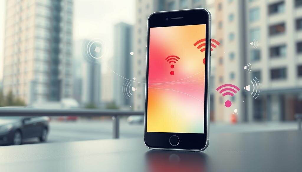    Мобильный телефон, отображающий сигналы сотовых вышек и Wi-Fi с фоновым городским пейзажем.
