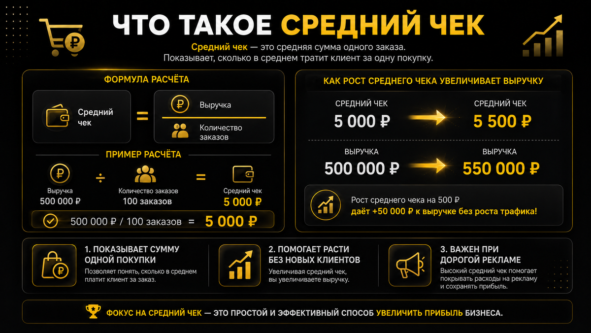 Средний чек показывает, сколько клиент в среднем оставляет за одну покупку