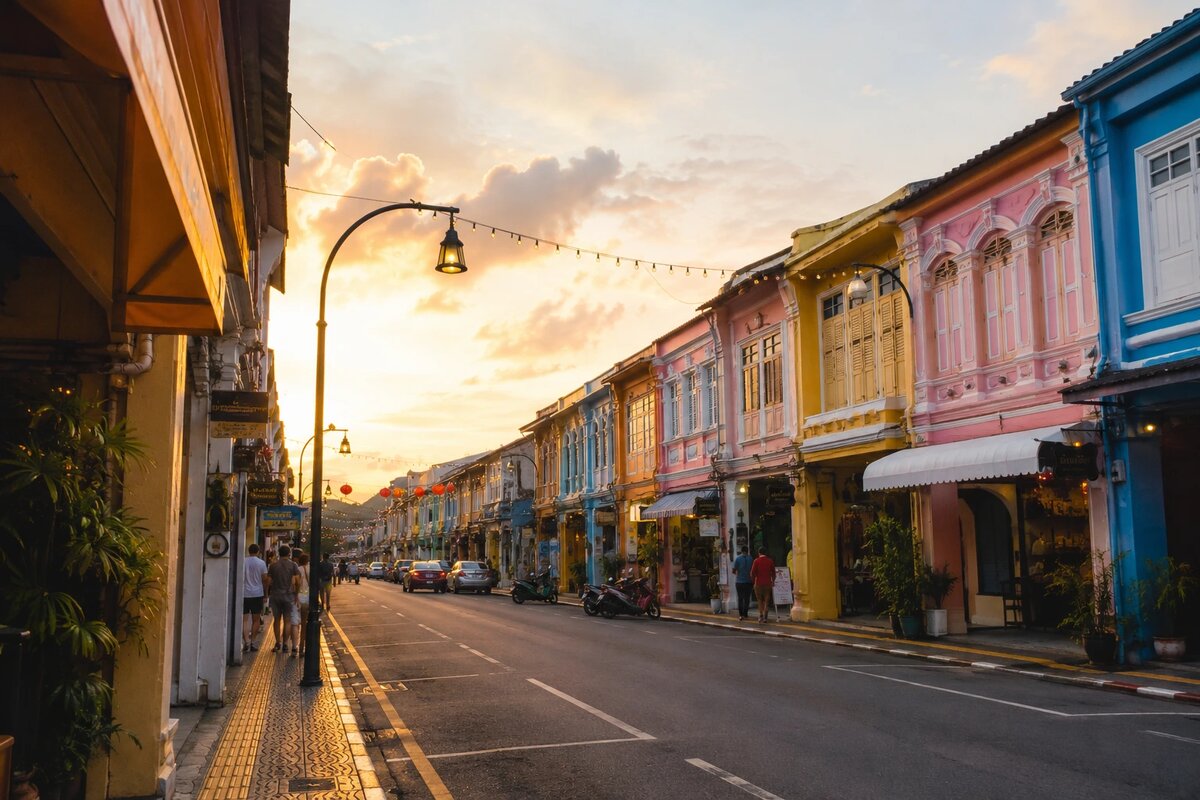 Улица Phuket Old Town с яркими фасадами и китайскими фонарями