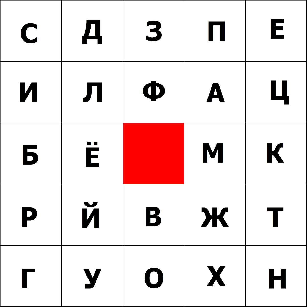 Таблица Шульте 5х5 с буквами русского алфавита