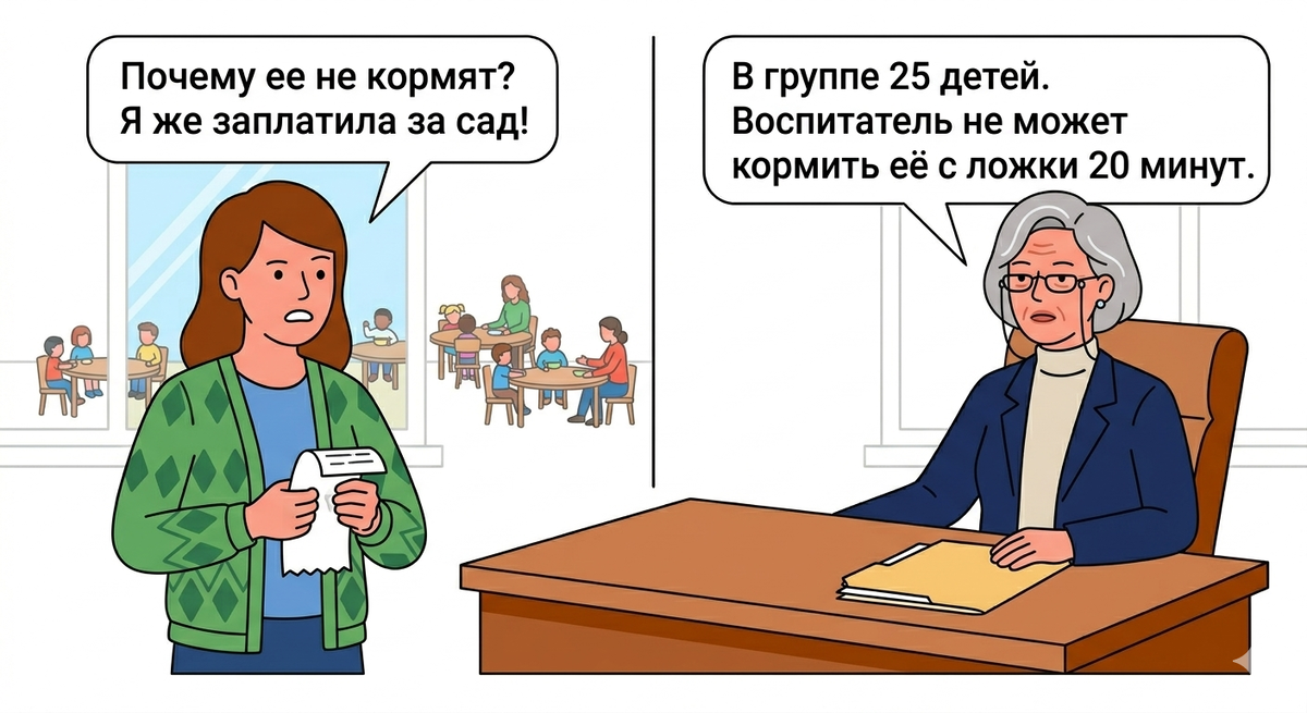 Воспитатель отказывается кормить ребёнка 2,8 лет: "Это не моя обязанность". Платим 3500 в месяц — а толку ноль
