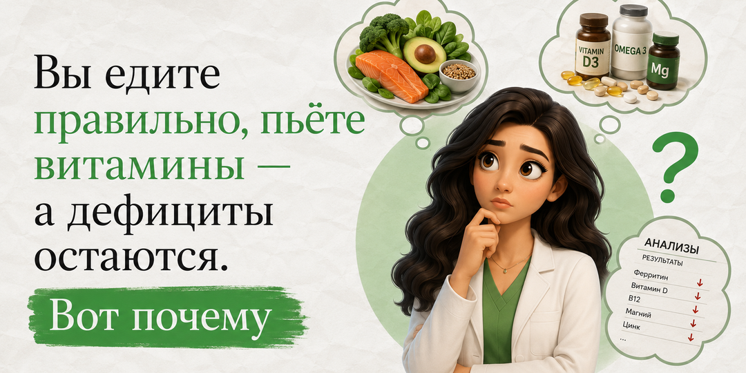Вы едите правильно, пьёте витамины — а дефициты остаются. Вот почему