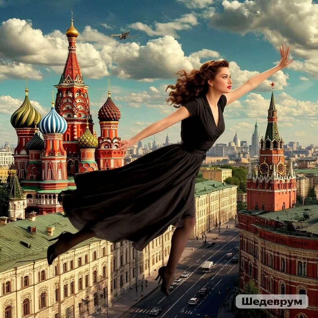 Маргарита летит над Москвой, в романе Михаила Булгакова "Мастер и Маргарита", изображение сгенерировано ИИ