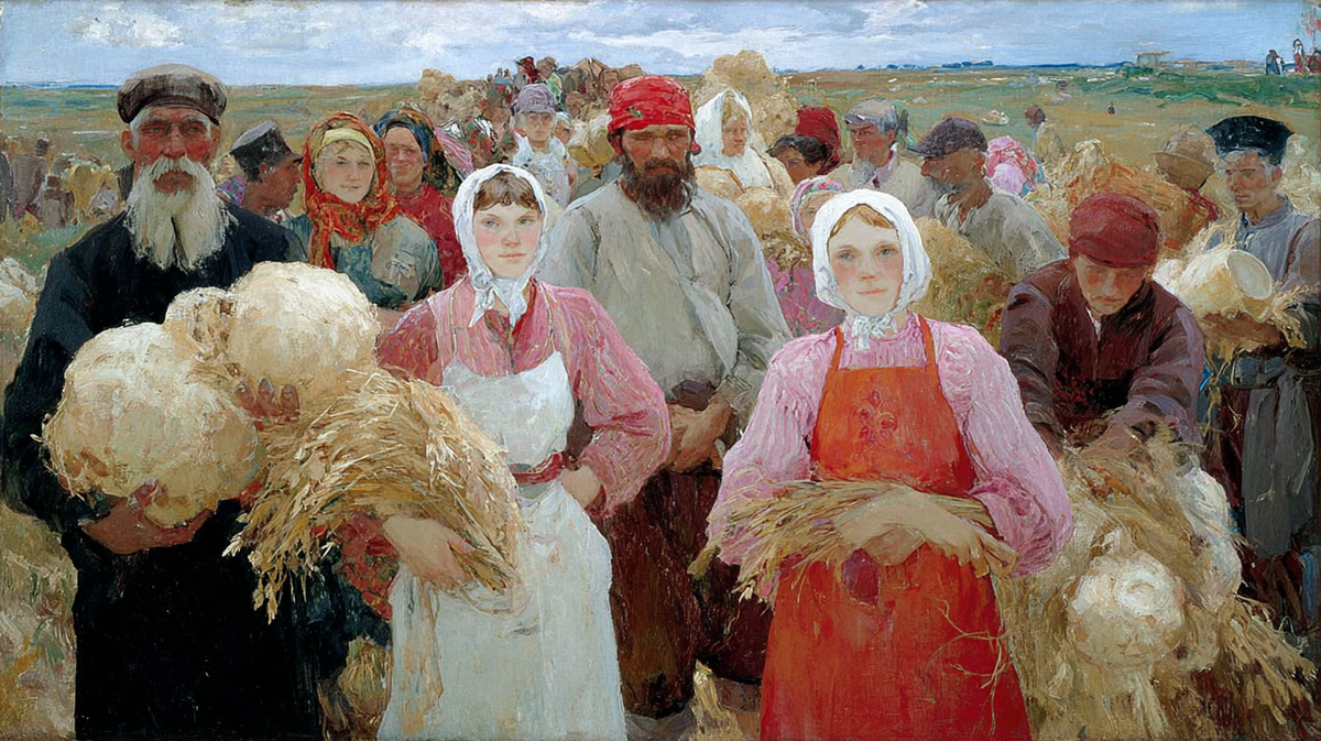 Крестьяне на жатве: женщины и мужчины с дарами урожая, снопами и свежим хлебом. Они полны спокойствия, трудовой сплочённости и благодарности земле. 