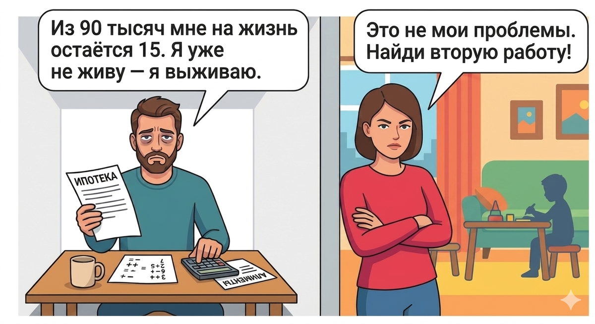 Из 90 тысяч зарплаты отдаю 75 — кредиты и алименты. Живу на 15 тысяч. Бывшая говорит: "Твои проблемы"