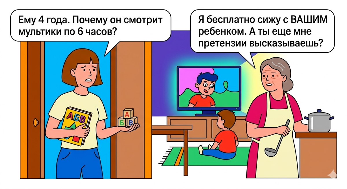 Свекровь сидит с ребёнком полгода: он смотрит мультики по 6 часов в день, спит когда хочет. Хочу вернуть в сад — не берут, нас уже отчислили