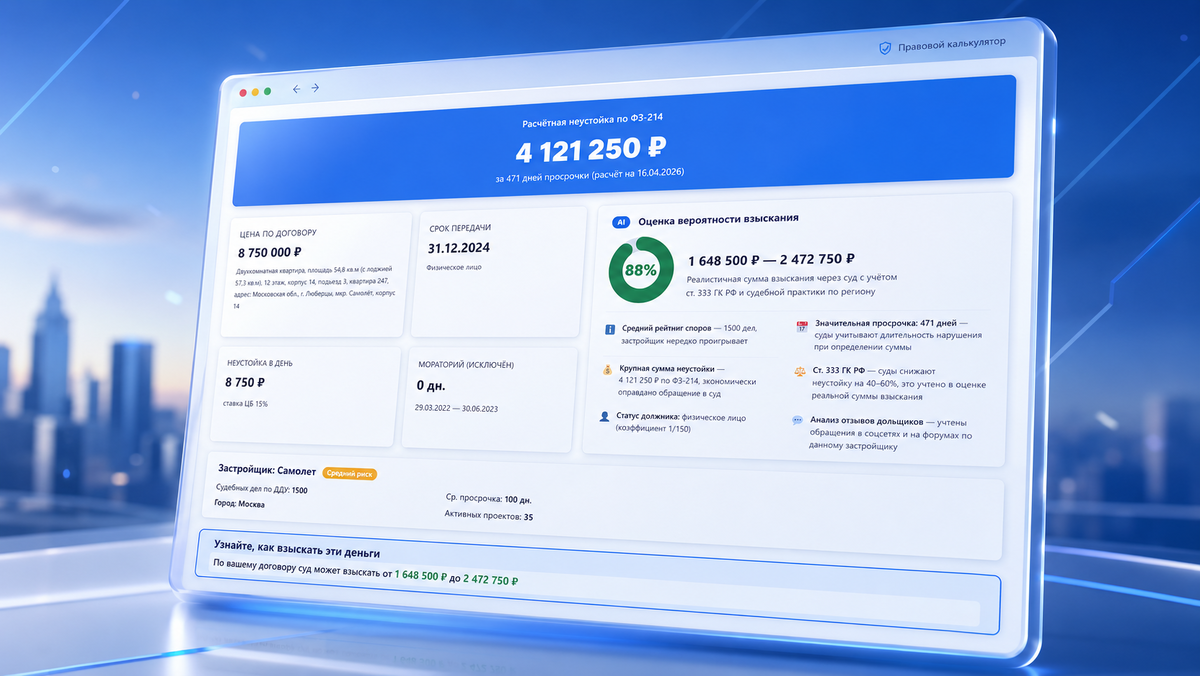 Калькулятор неустойки по ДДУ с AI оценкой вероятности взыскания от mylawyer.club