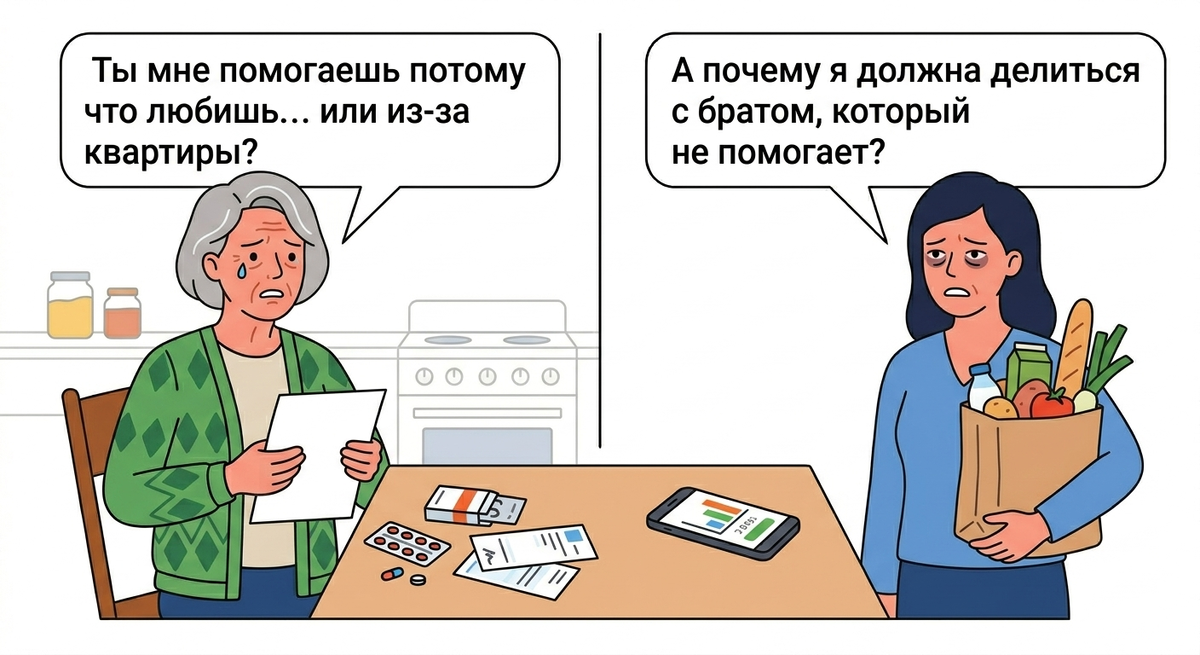 Дочь упрашивает написать завещание на неё одну. Говорит: "Брат не помогает, я вожу тебя по больницам". А если откажу — перестанет помогать?