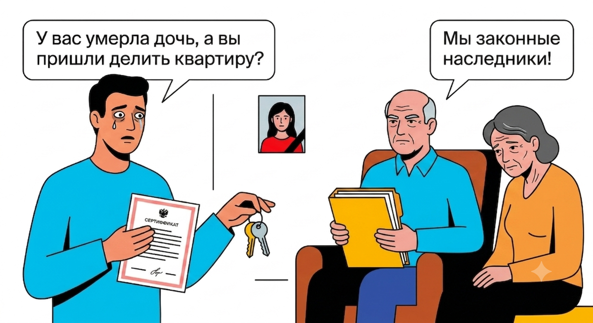 Жена погибла в аварии. Её родители сразу пришли с требованием: "Отдай нам половину квартиры, мы наследники"