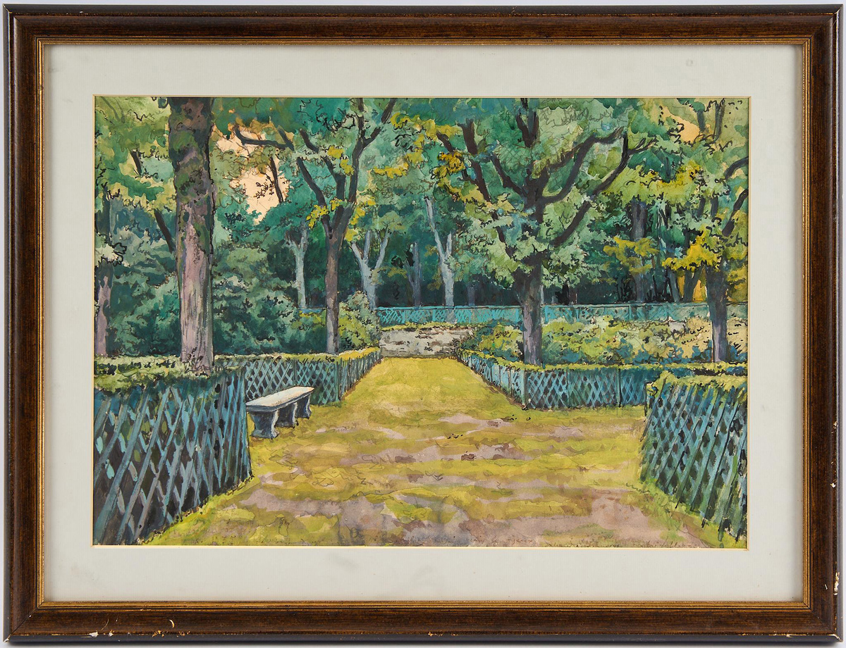 Сад дворца Фонтенбло, 1935 г., материалы: бумага, акварель, графитный карандаш, тушь, перо, размеры: 29,6 × 43 см. Источник: фото из Интернет
