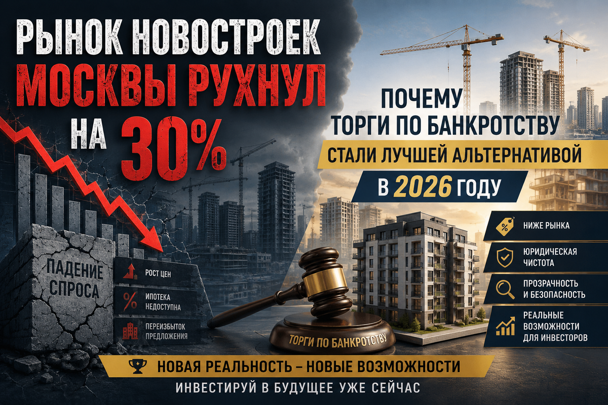 Официальная статистика Росреестра зафиксировала обвал спроса на первичное жильё Москвы — за год сделки с квартирами в новостройках сократились почти на 40%. На этом фоне покупатели всё активнее обращают внимание на торги по банкротству, где недвижимость можно приобрести значительно дешевле рыночных цен.