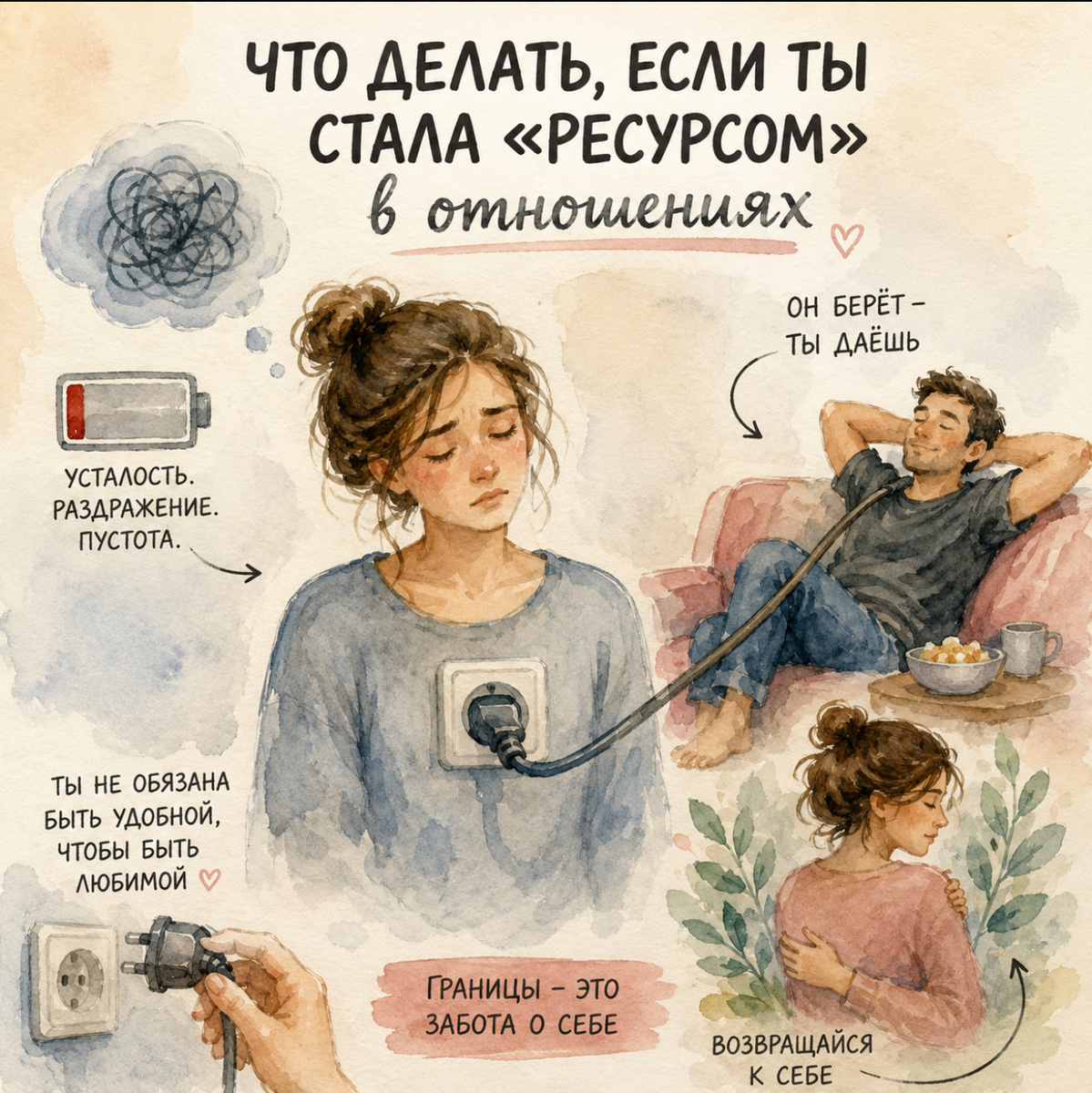 Это не происходит сразу. Сначала ты просто помогаешь, поддерживаешь, берёшь на себя чуть больше, потом ещё. И в какой-то момент становится ясно: без тебя эти отношения не держатся.
Он живёт - ты обеспечиваешь.
Он берёт - ты даёшь.

Чаще всего за этим стоит простая связка:
быть нужной = быть любимой.

И тогда ты уже не в отношениях. Ты функция: поддержка, опора, ресурс. И чем дольше это длится, тем меньше в этом тебя.

Понять это можно не головой, а телом: постоянная усталость, раздражение, ощущение, что тебя используют, даже если вслух всё «нормально». Это не каприз, а сигнал: ты отдаёшь больше, чем можешь.

Дальше важный сдвиг. Вопрос не к нему, а к реальности: где его вклад — в действиях, а не словах? И ещё честнее: ты в отношениях или обеспечиваешь чужую жизнь?
Если вклада нет, нет и отношений. Есть использование.

И здесь не про обвинение, а про возвращение к себе. Границы не появляются сами. Они начинаются с внутреннего разрешения: быть не удобной — а живой.

Если ты узнала себя и чувствуешь, что застряла в этом круге — это не то, что меняется усилием воли. Такие сценарии глубже и обычно повторяются.

В терапии мы разбираем, как ты в них оказываешься, и возвращаем тебе устойчивость без давления и «резких решений».

Если откликается — можешь написать мне. Разберём это вместе.