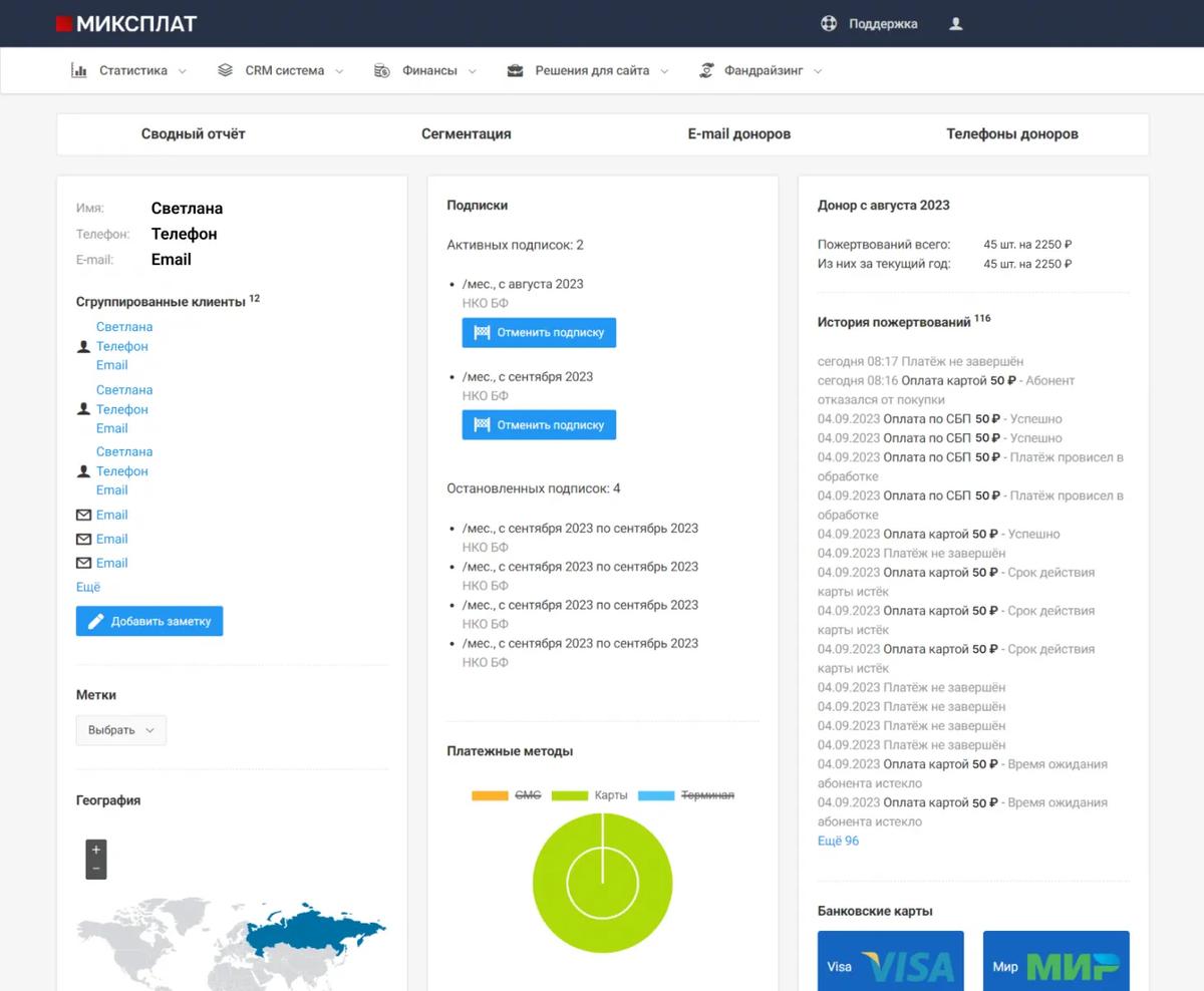 Карточка донора в CRM Миксплат