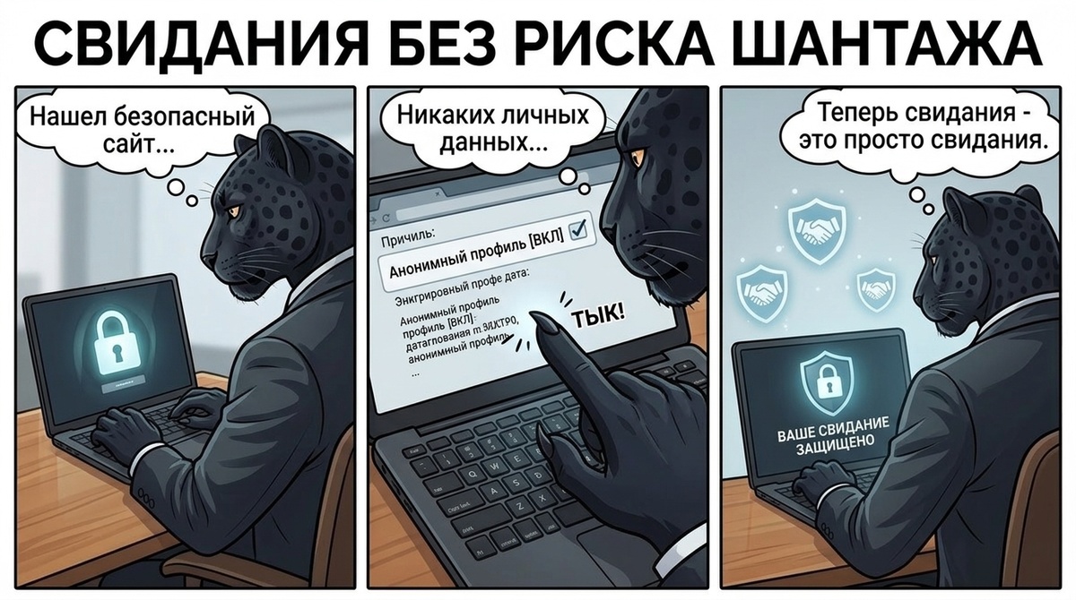 Пантера сидит за ноутбуком, на экране значок замка, лапа на клавиатуре.