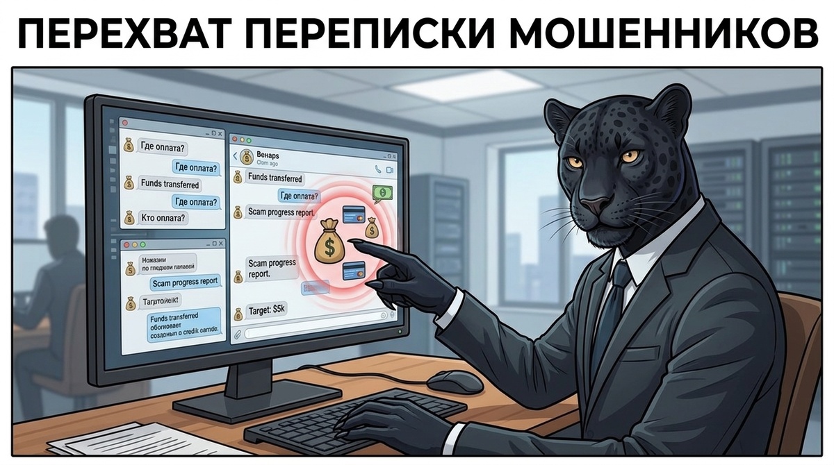 Пантера указывает лапой на экран монитора с перепиской и значками денег, взгляд обращен к зрителю.
