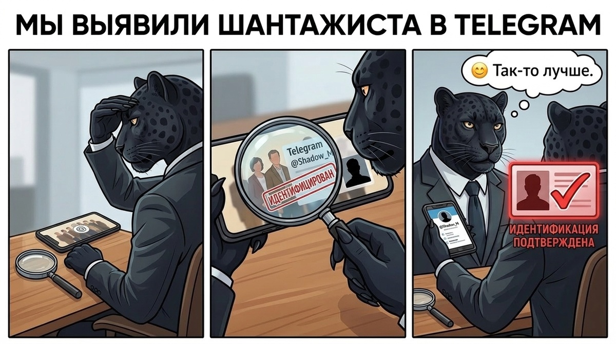 Пантера всматривается в экран смартфона с подозрением, рядом лежит лупа, фон размытый.
