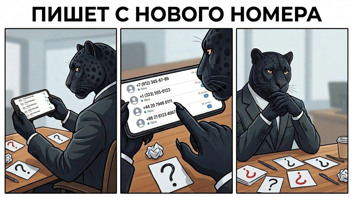 Пантера сидит за столом, держит смартфон, на экране уведомления от нескольких незнакомых номеров, вокруг листки с вопросительными знаками.