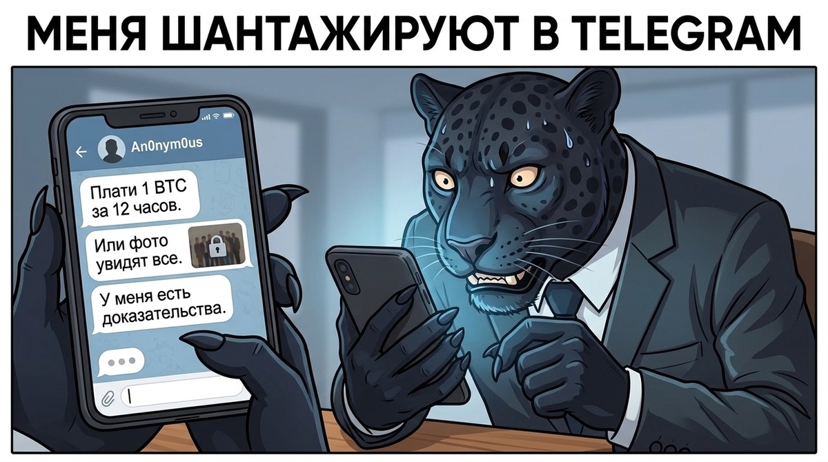Пантера держит смартфон с чатом, на экране сообщения с угрозами, выражение лица встревоженное.