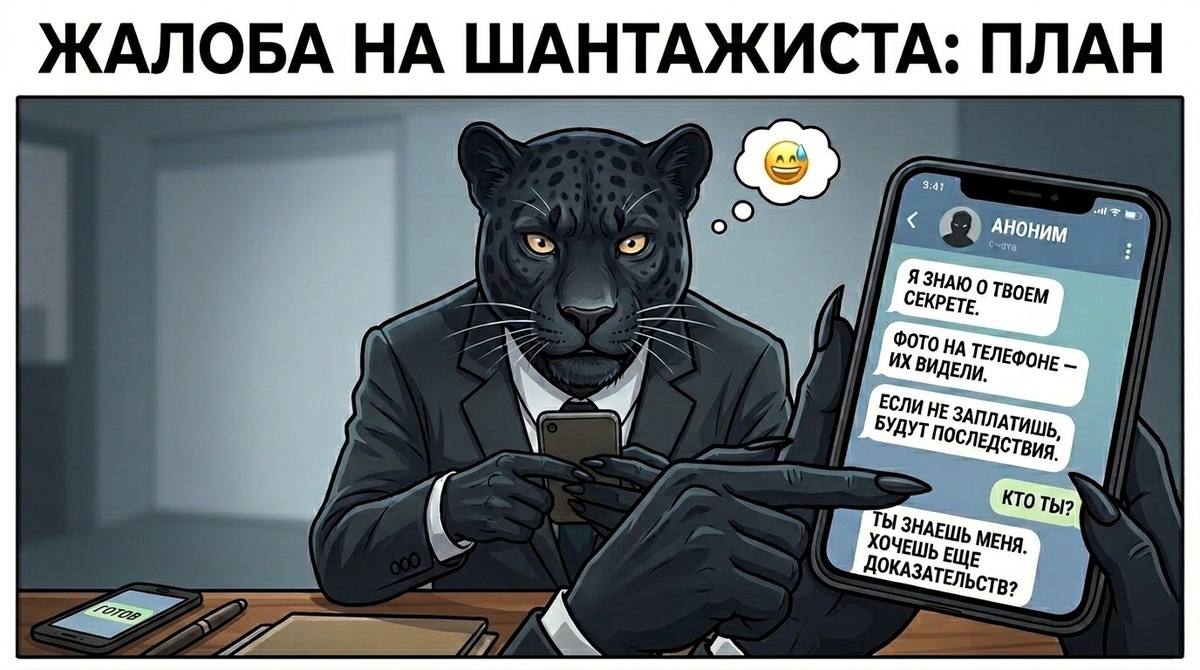Пантера в очках указывает лапой на экран смартфона, в другой лапе держит список с отметками. На заднем плане размытый фон города.