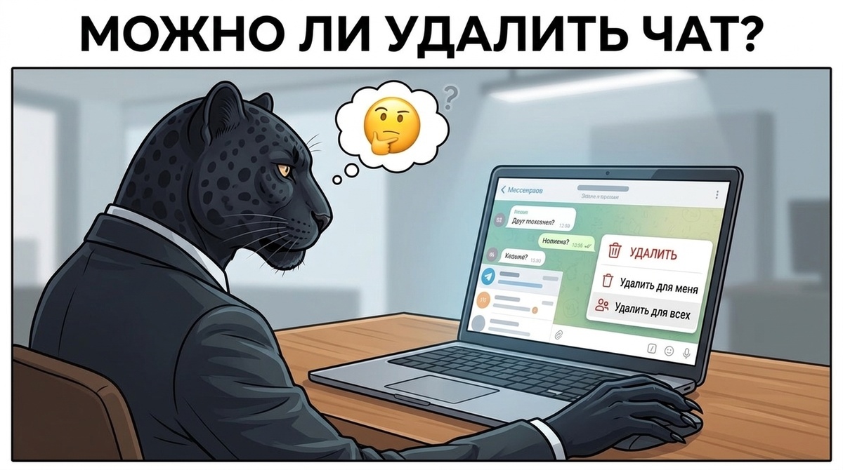 Пантера смотрит на ноутбук с чатом и кнопкой удаления, лапа на мышке.