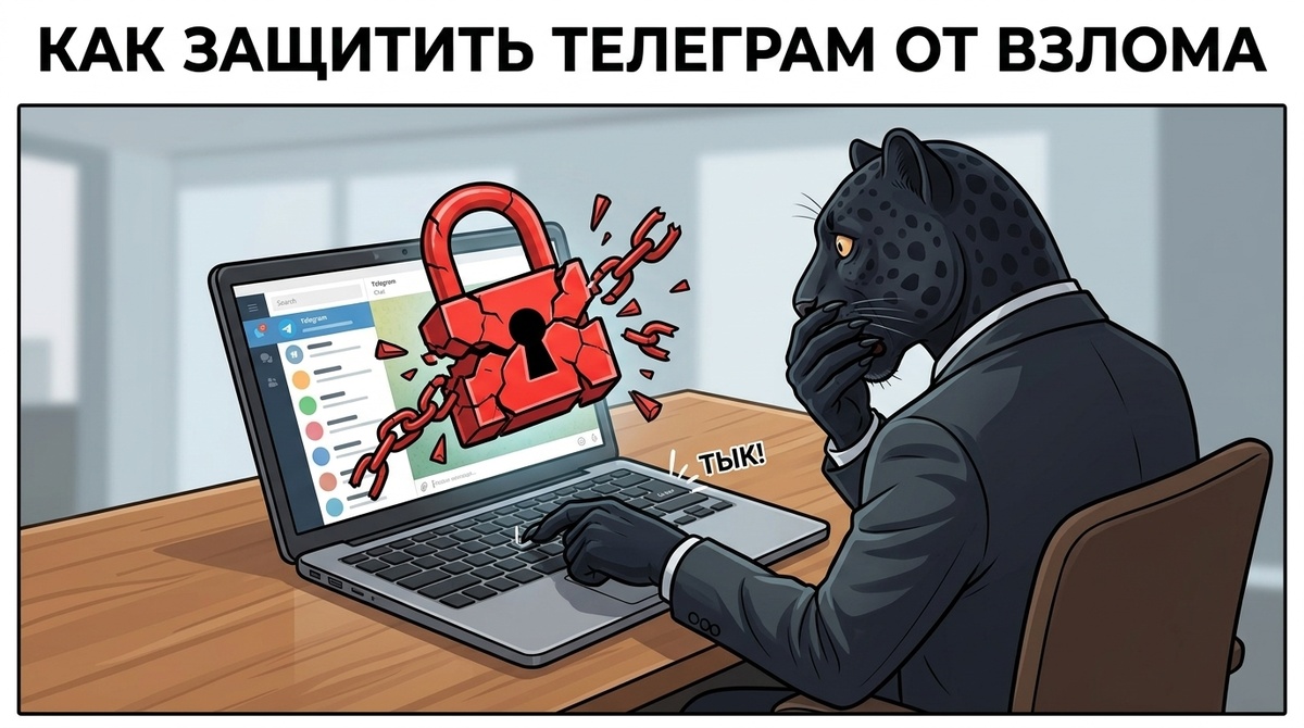 Пантера сидит за ноутбуком, нажимает клавишу, на экране треснутый замок, лапа у рта в панике.
