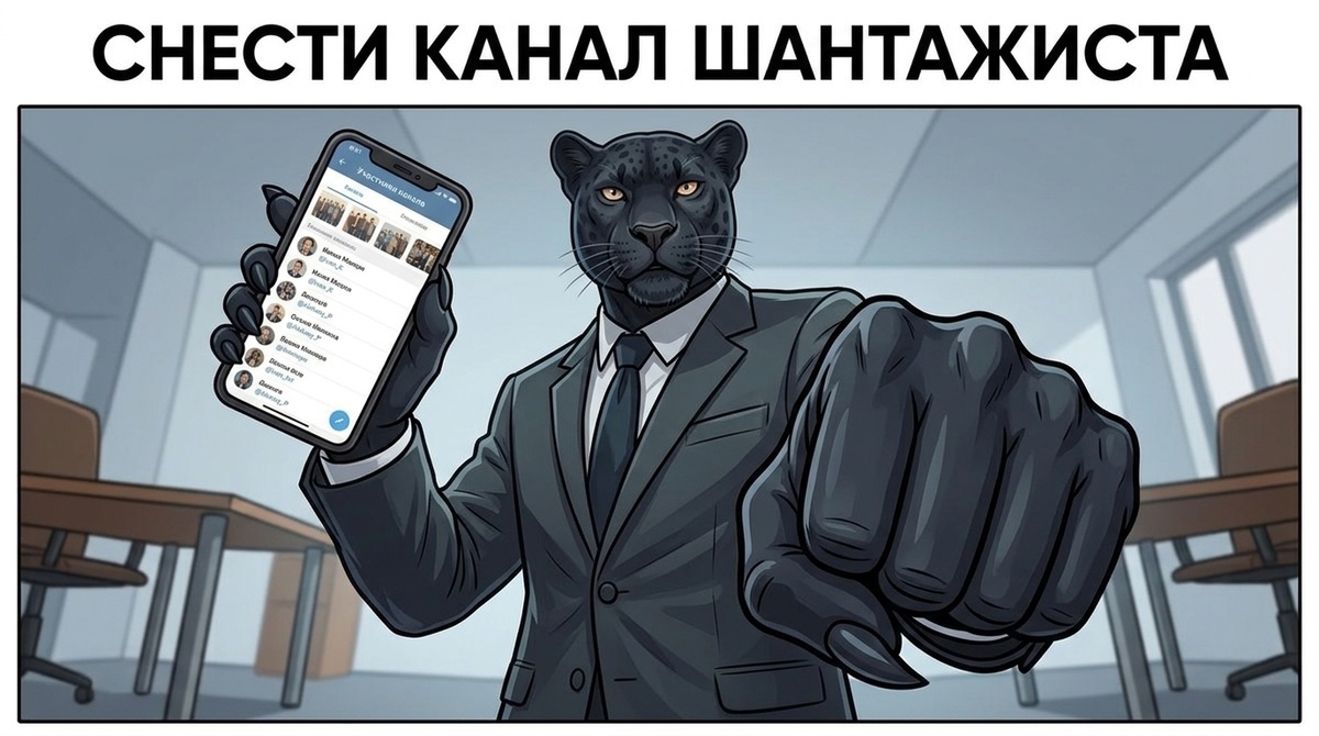 Пантера стоит, в одной лапе смартфон с экраном Telegram-канала, другая лапа сжата в кулак. Ракурс снизу.
