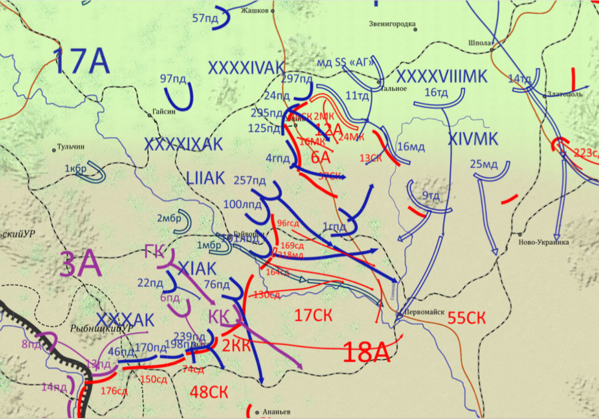 УМАНСКИЙ КОТЕЛ. КАРТА БОЕВЫХ ДЕЙСТВИЙ 1-4 августа 1941 г.