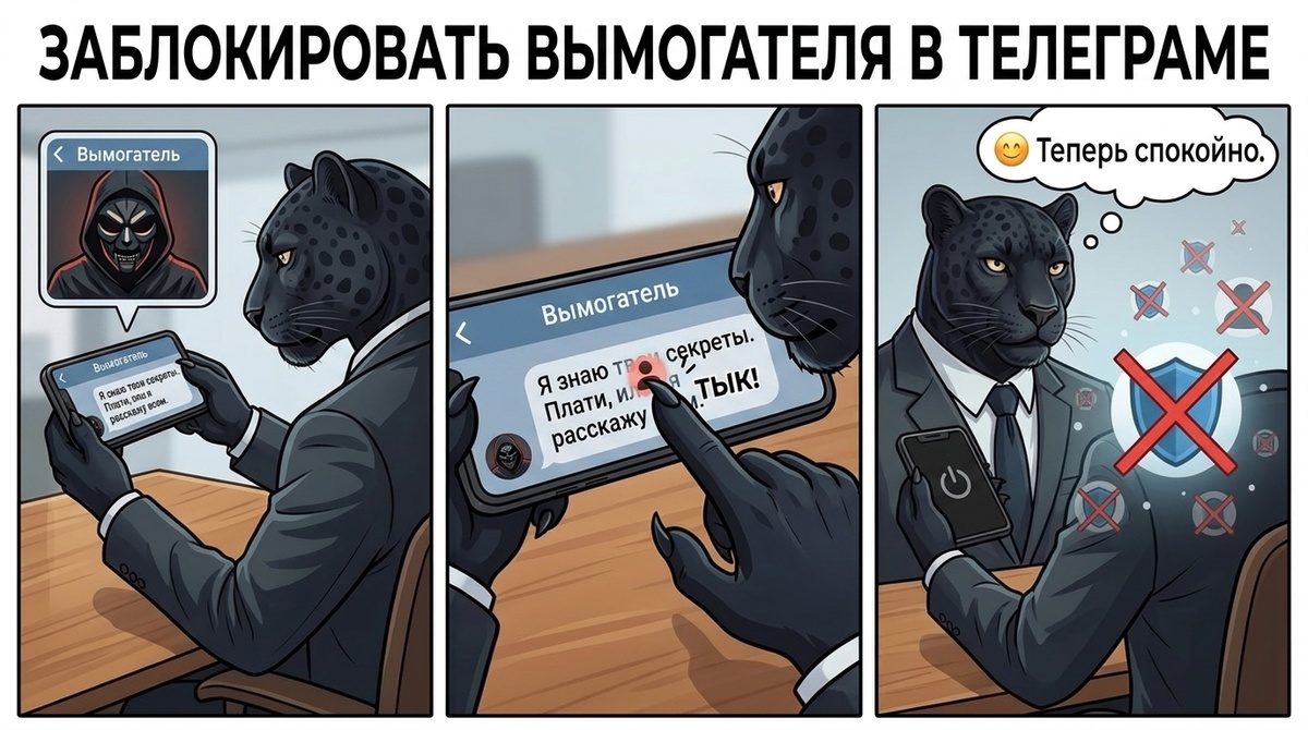 Пантера держит телефон с угрожающим сообщением в Telegram, другой лапой нажимает кнопку блокировки.