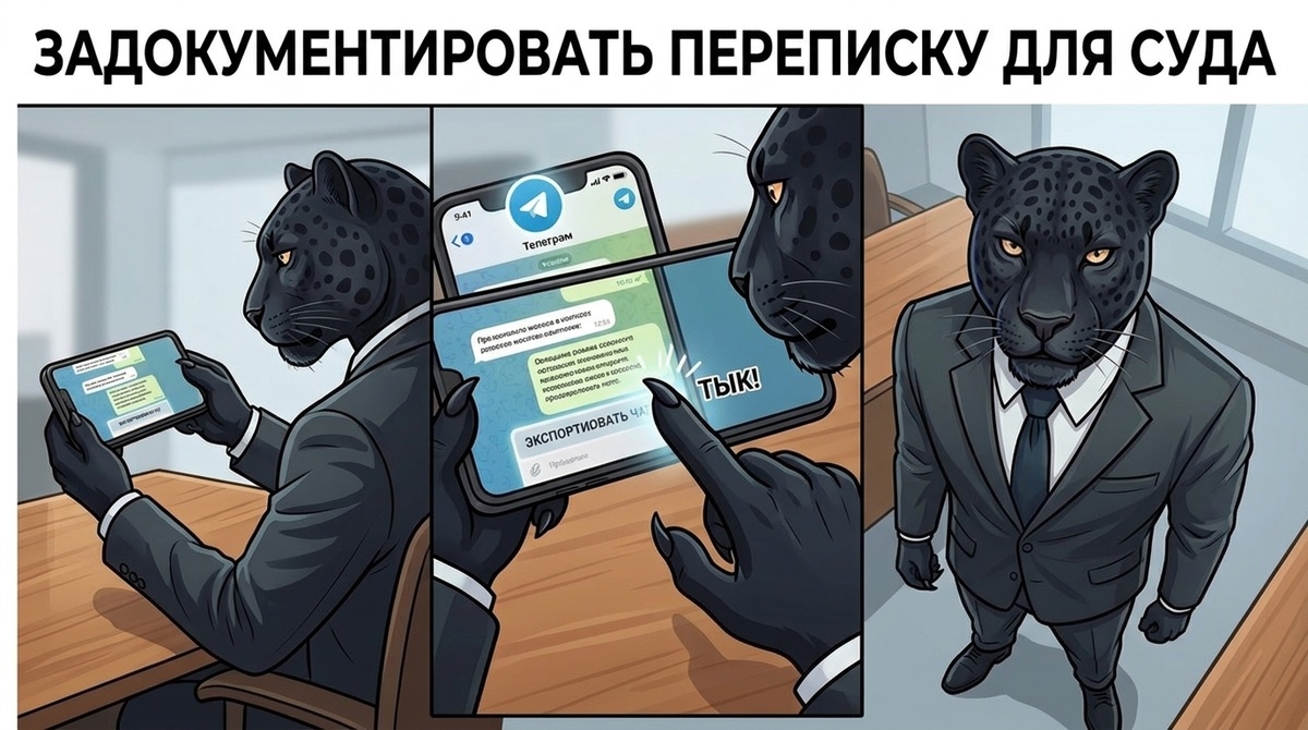 Пантера держит смартфон с чатом в Telegram, другой лапой указывает на экран, фон размыт.
