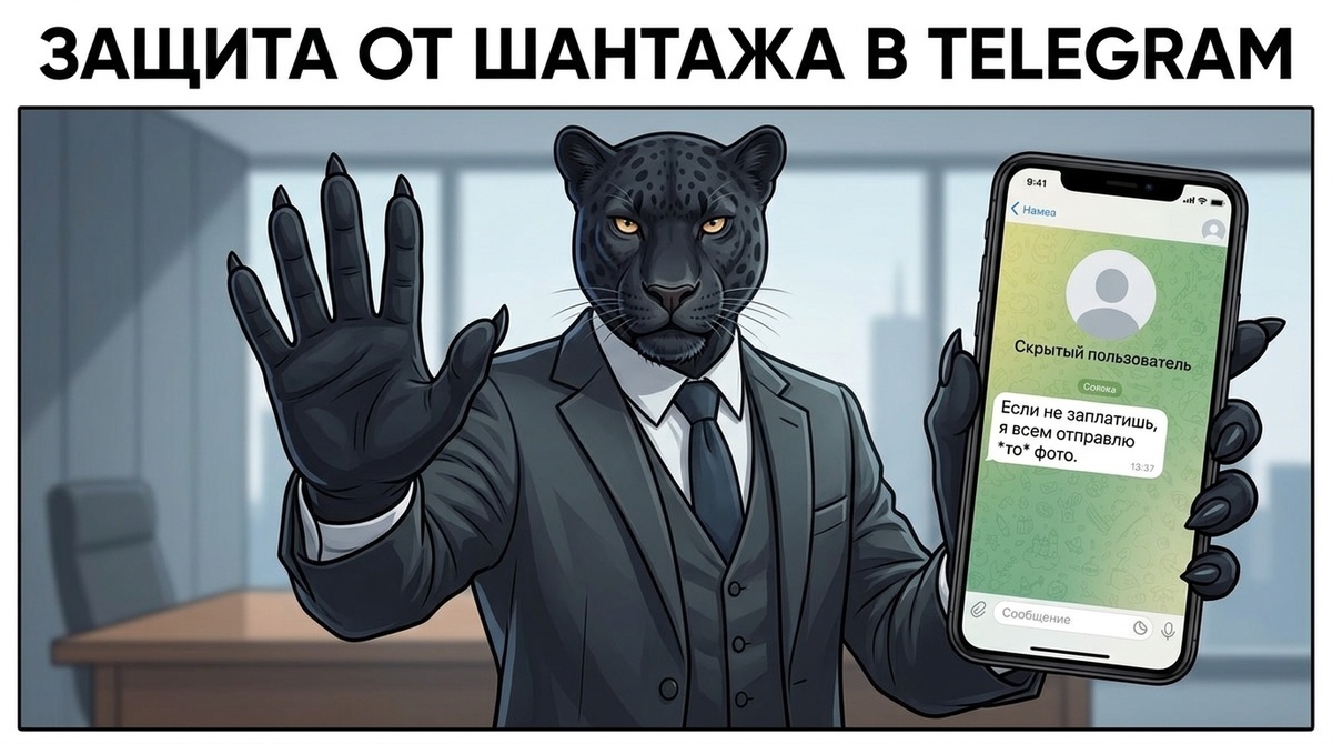 Пантера держит смартфон с чатом в мессенджере, другой лапой делает останавливающий жест, на фоне абстрактные линии.