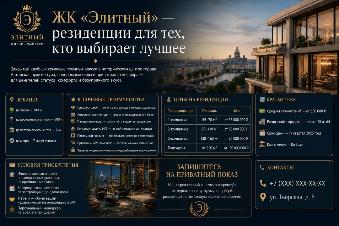 Инфографика для ЖК «Элитный», созданная GPT Image 2 в VisGPT по описанию премиального объекта, получила темную цветовую гамму с золотыми акцентами, тонкие шрифты с засечками и фон с вечерней городской панорамой.