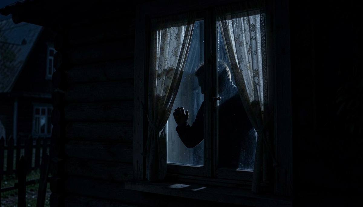 Ночь. Окно деревенского дома, занавеска слегка отдёрнута. За стеклом — темнота и силуэты деревьев у пустыря. В доме тихо, но человек у окна замер, вслушиваясь. Его поза напряжена: он только что проснулся от звука и пытается понять, повторится ли он.