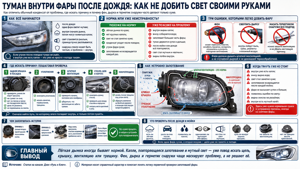 Запотела и не высыхает после дождя фара: что делать и как отличить разгерметизацию от нормы