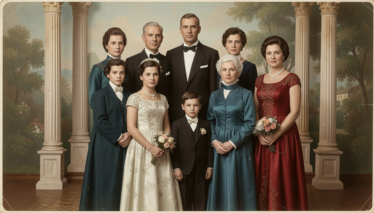 Старая студийная фотография семьи из пяти человек на фоне рисованного задника с колоннами. Все одеты парадно, мужчина в костюме-тройке, женщина в шляпке с вуалью. На снимке видны следы ретуши и подкраски акварелью.