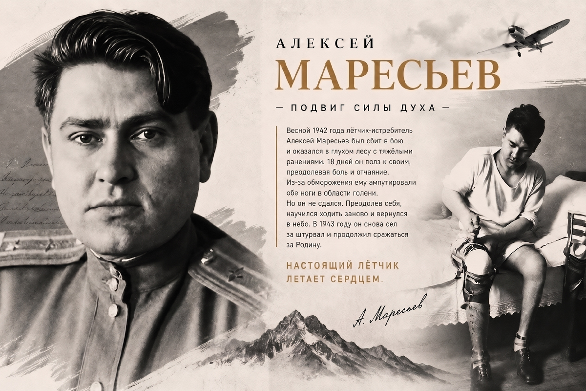 Изображение сгенерировано в нейросети на основе фотографий А. П. Маресьева