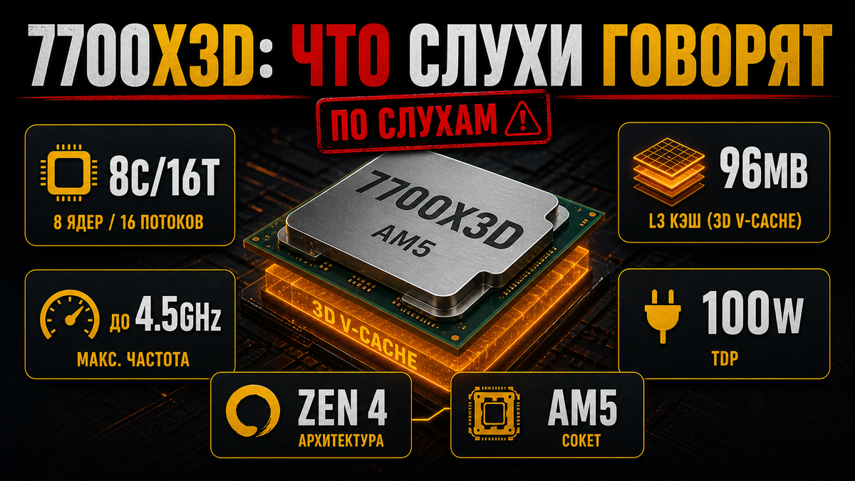 Если утечка верна, 7700X3D выглядит как 8-ядерный AM5-процессор с большим кэшем, но пониженной частотой.