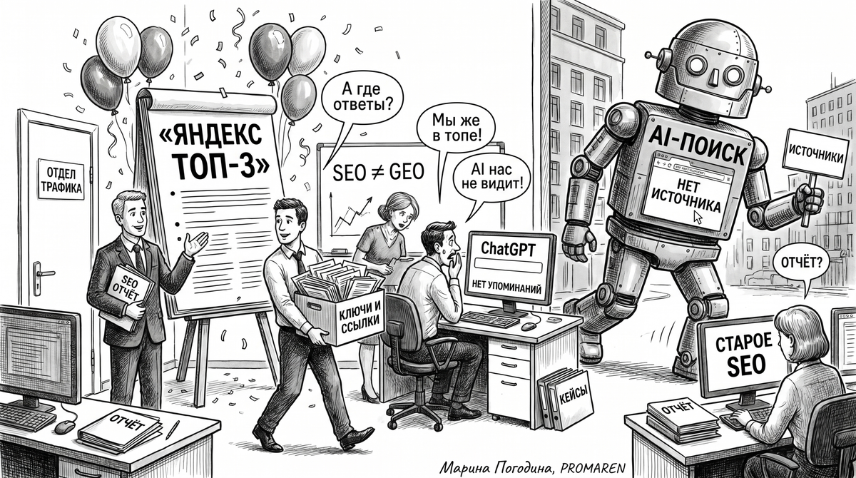    Карикатура про GEO оптимизацию: быть в Яндексе мало для AI-поиска | Марина Погодина, PROMAREN